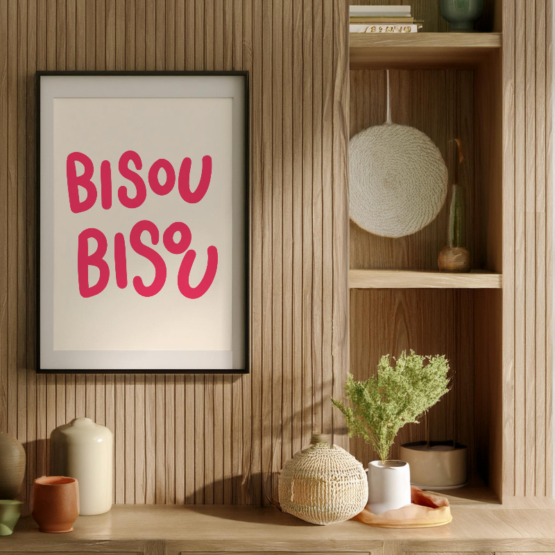 Bisou Bisou Poster - Pink Typographic Wall Art with Eclectic Style