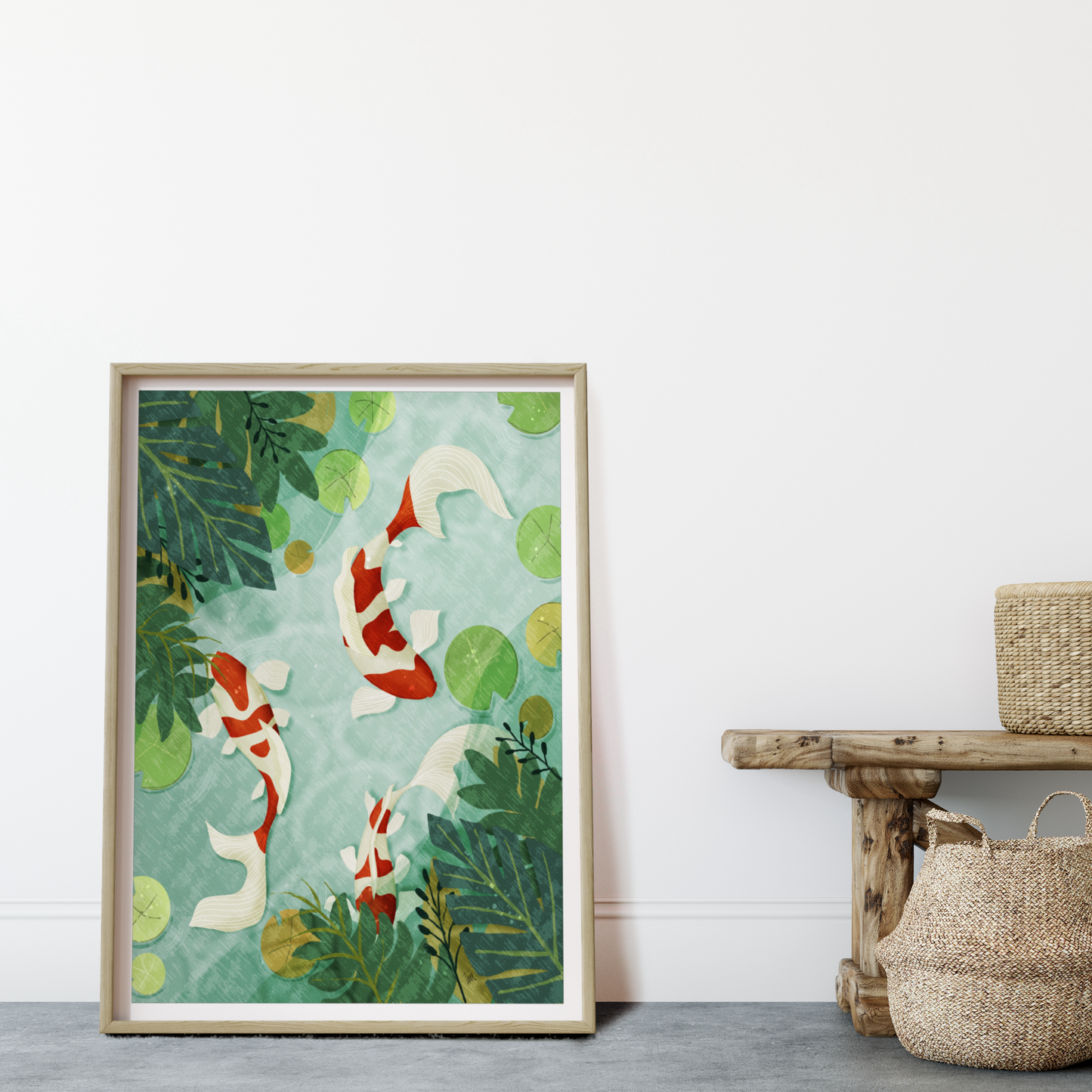 Botanisk Koi Karp-poster, närbild på konsttrycket i ram