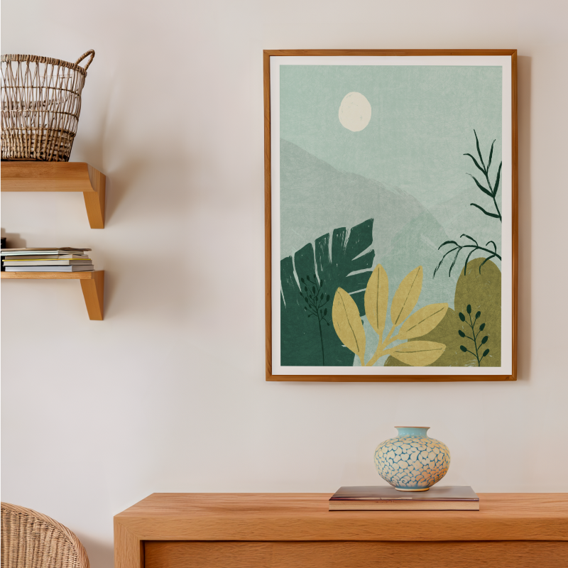 dämpade gröna toner med botaniska element, perfekt för inreda en lägenhet