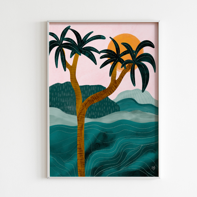 Närbild på djungelillustrationen i vit ram