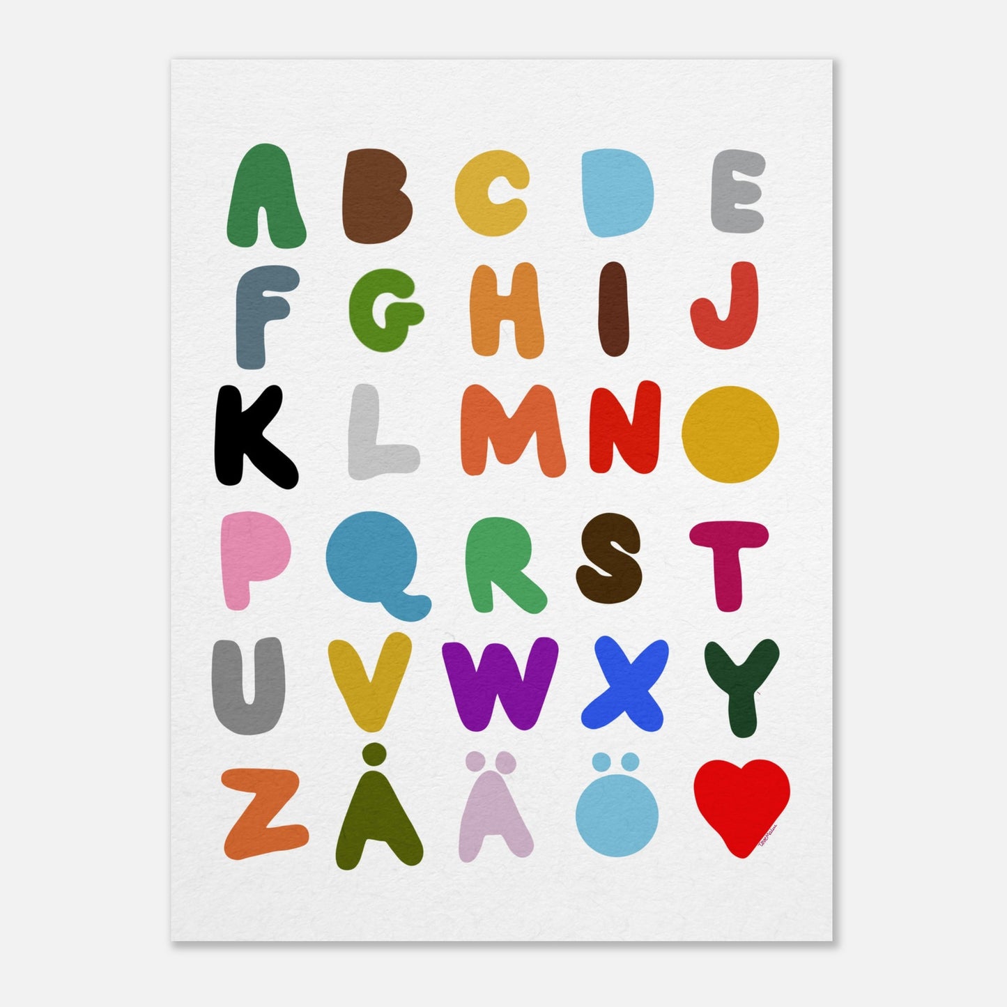 svenskt alfabet i olika färger