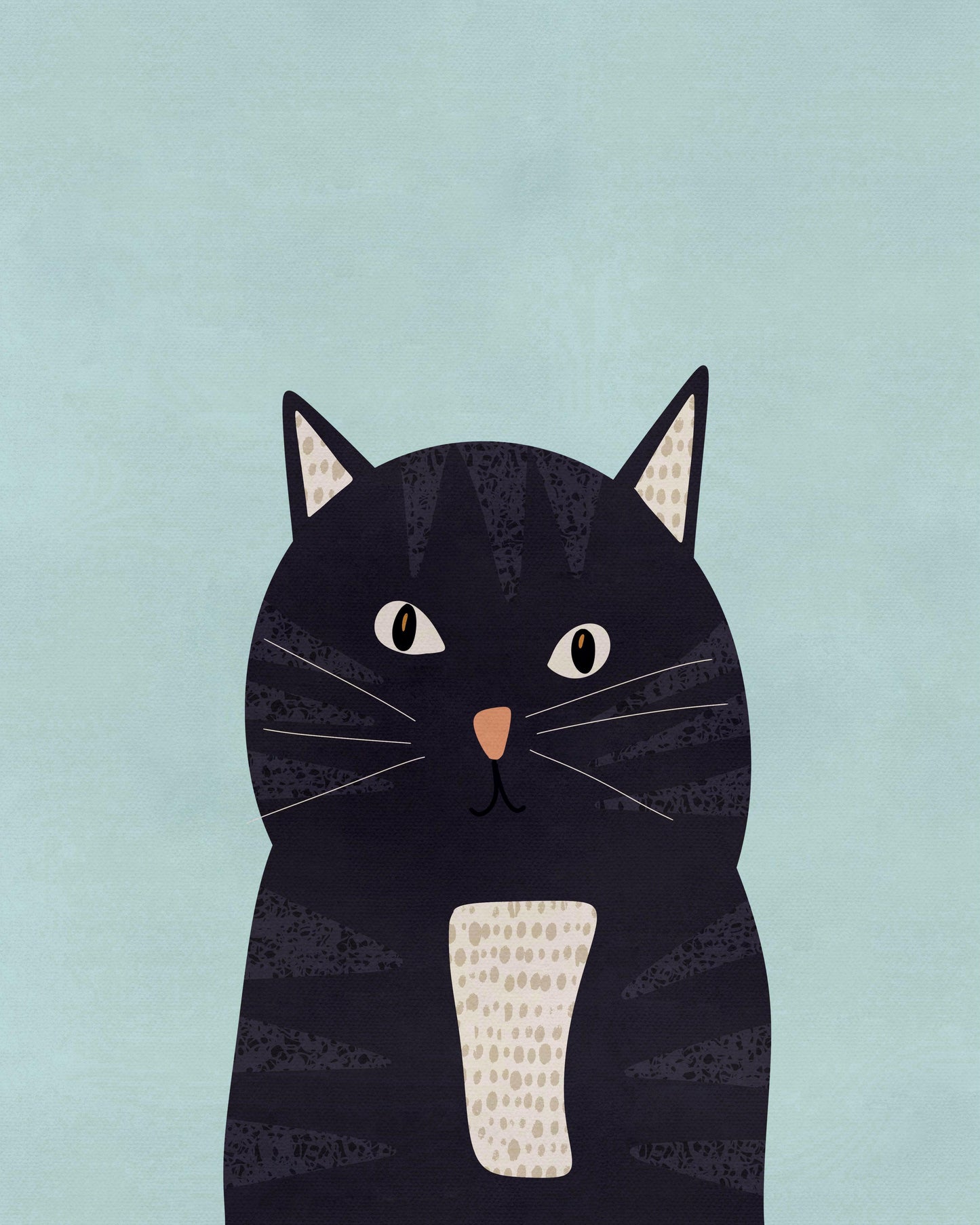 Randig katt med grafiska element på en blå turkos bakgrund, Illustration Tove Malm Studio