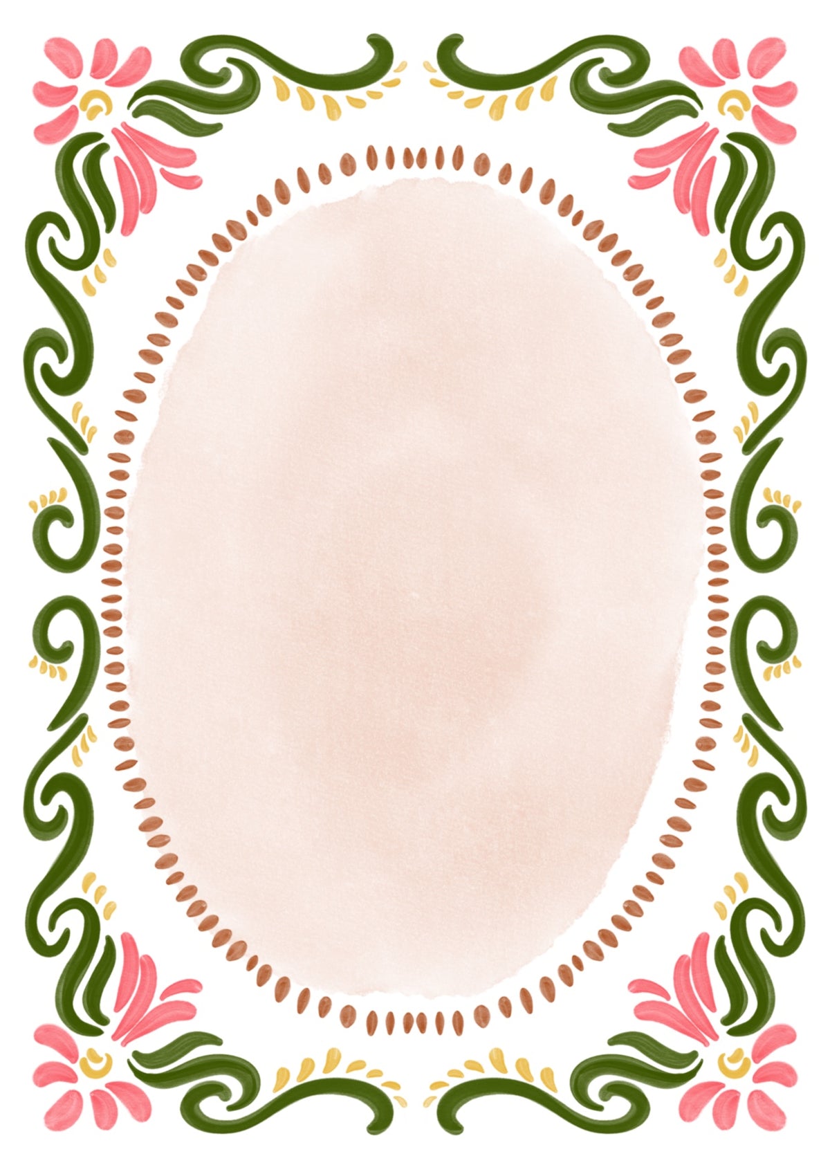 Kurbits wedding invitation with a pink oval and folk art frame in A6 and A5