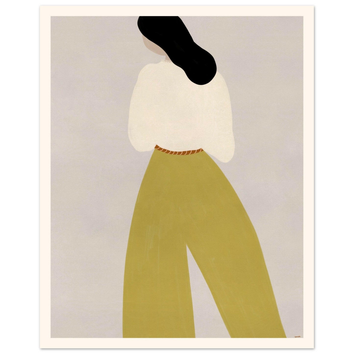 Stilren minimalistisk poster föreställande en kvinna i vit blus och vida senapsgula byxor.