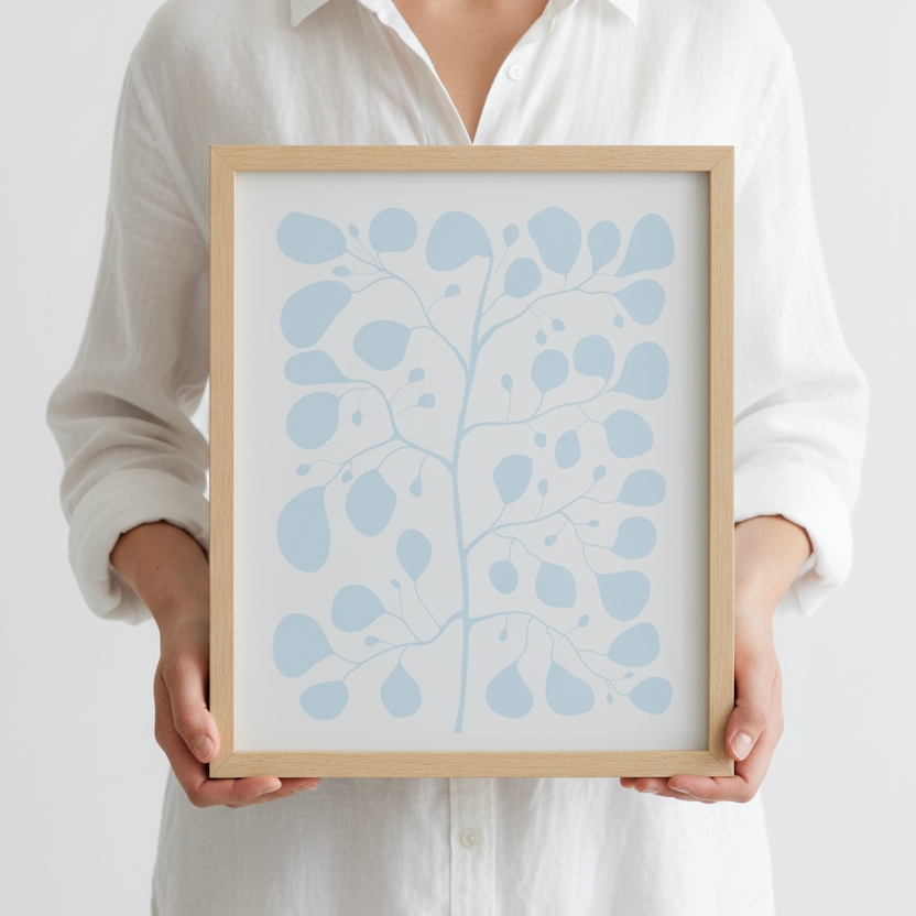 Person håller inramad Pilea Fig Cool Blue poster – botanisk illustration i blått