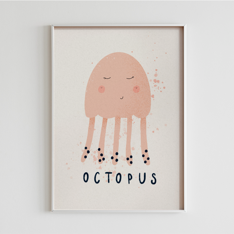 Bläckfiskillustration i vit ram på vägg, livfulla färger och abstrakt design, perfekt för barnrum och lekrum.