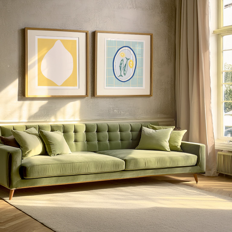 En vardagsrumsmiljö där den gula citronpostern hänger tillsammans med andra tavlor, vilket inspirerar till en personlig och färgglad tavelvägg i skandinavisk stil.