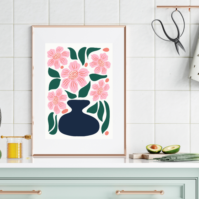 Abstrakt Flora i rosa och gröna toner i en ram