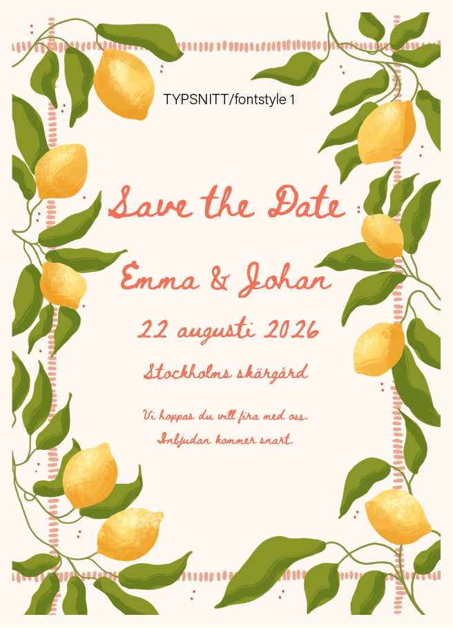 Save the date-kort med citroner och ram av hålsöm