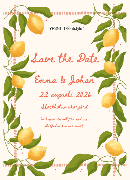 Save the date-kort med citroner och ram av hålsöm