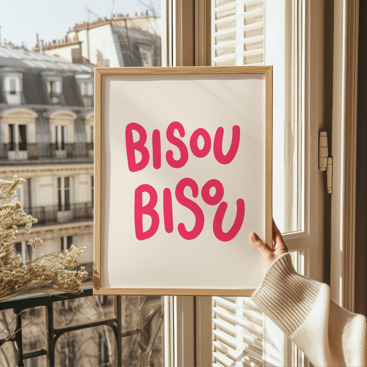 Bisou Bisou Typographic Poster - Pink Typography with Eclectic Style