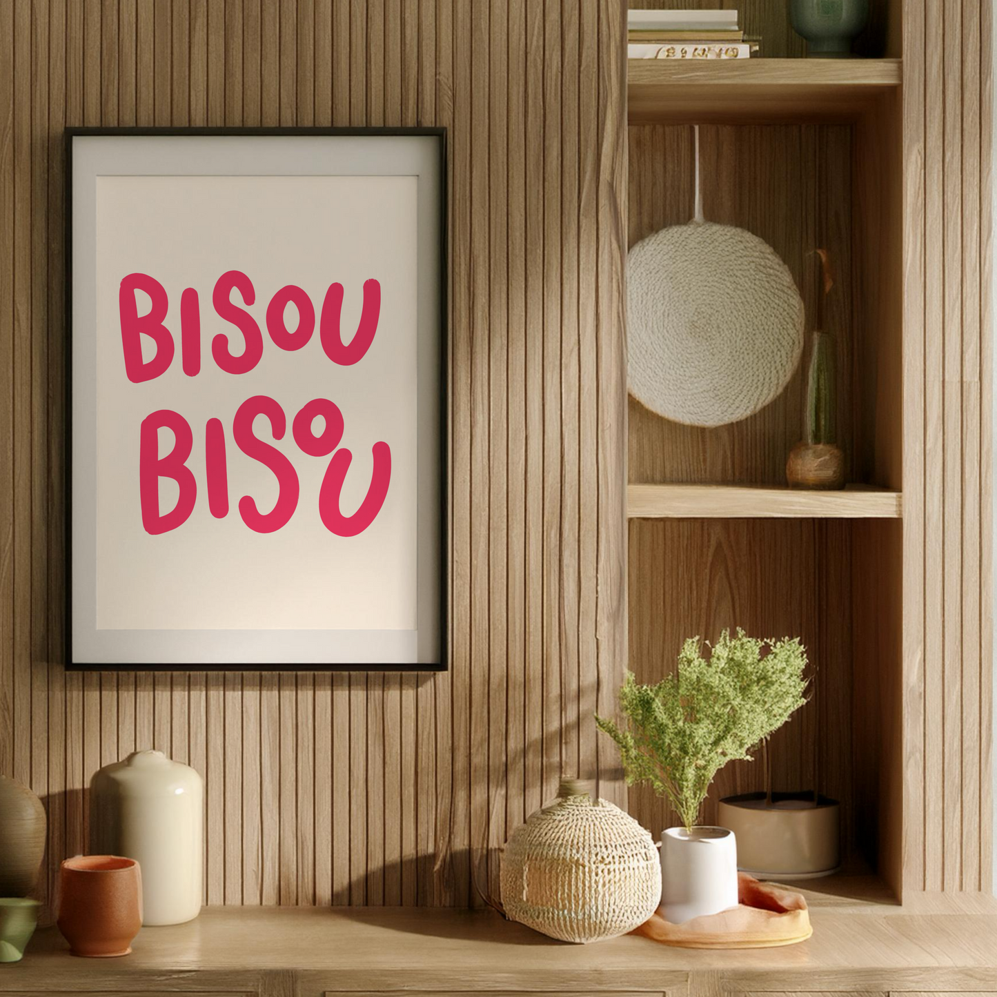 Bisou Bisou Typographic Poster - Pink Typography with Eclectic Style