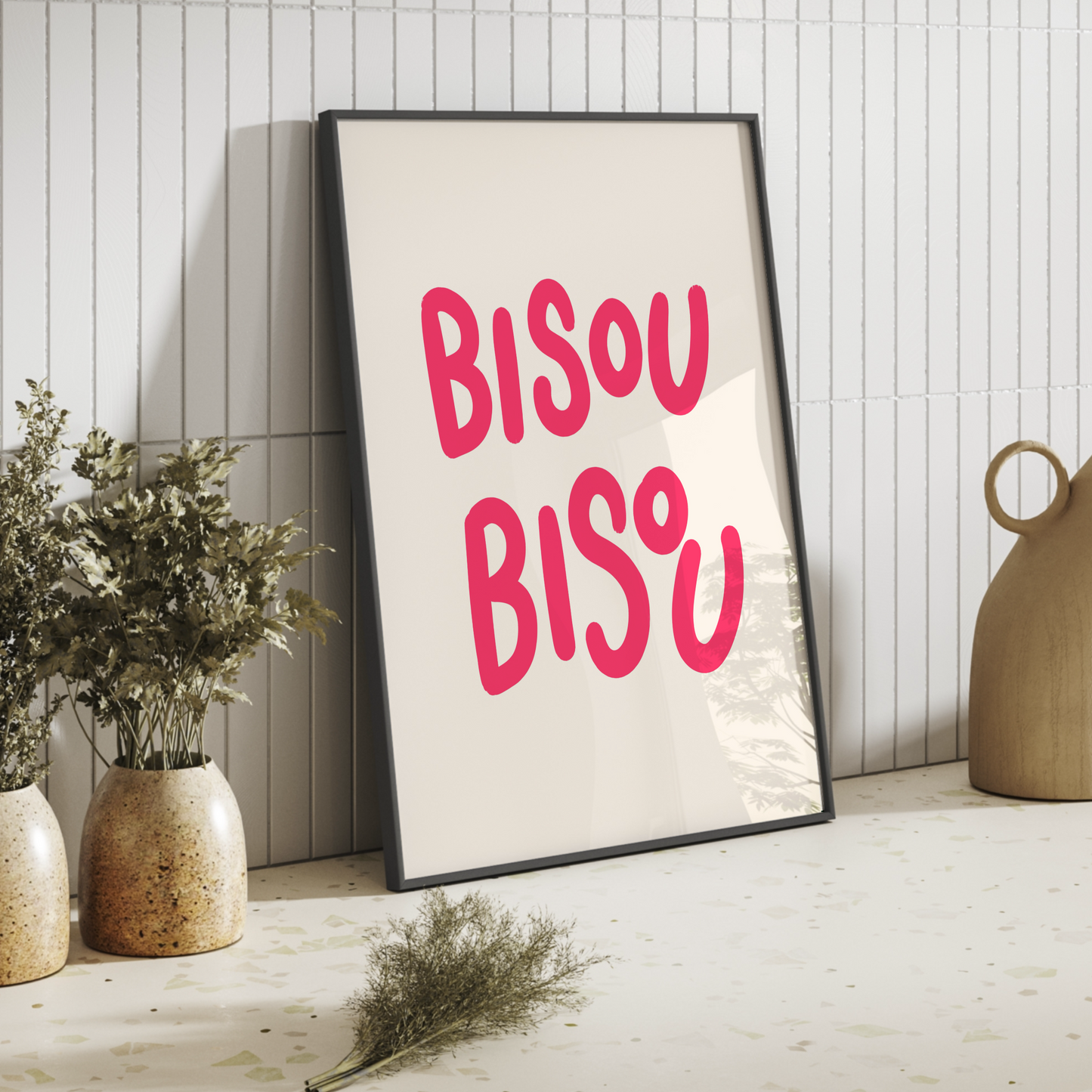 Bisou Bisou Typographic Poster - Pink Typography with Eclectic Style