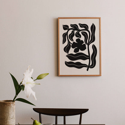 Lilja-poster på hallbord med blommor och frukt