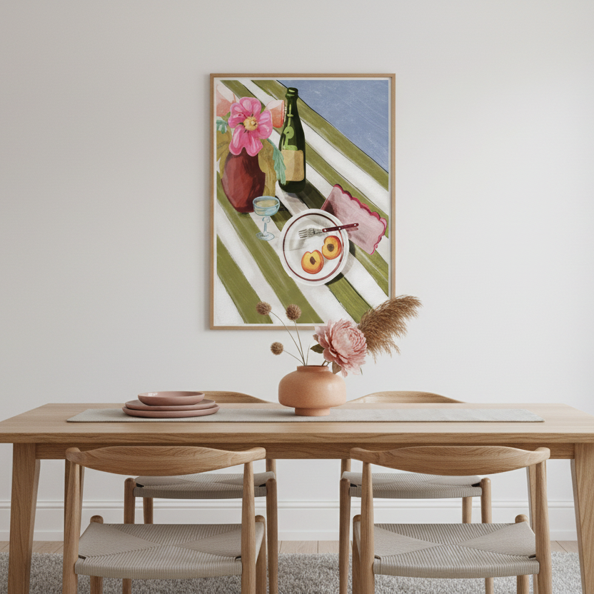 Skandinavisk matsal med en still art tavla 