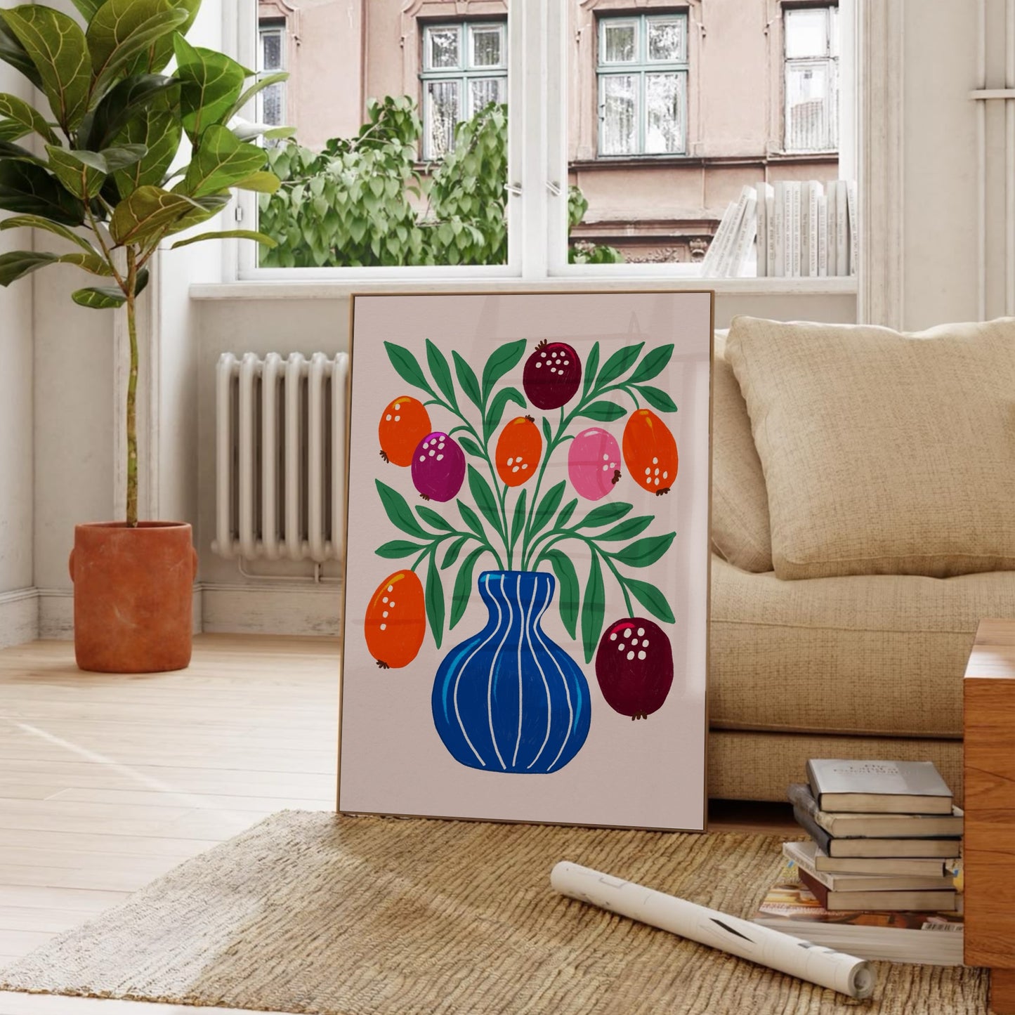 Blue Vase poster framed in living room – Scandinavian wall art by Tove Malm