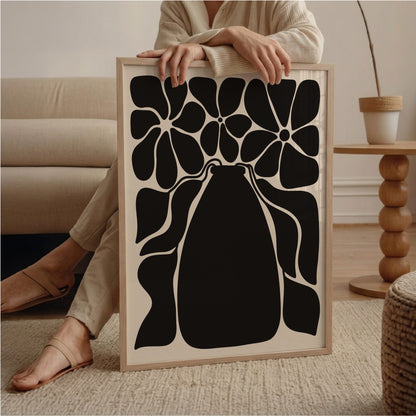 Blommande vas i svart, grafisk botanisk poster