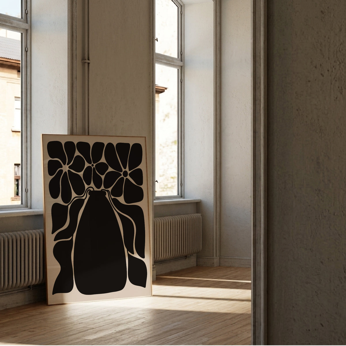 Blommande vas i svart, grafisk botanisk poster