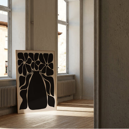 Blommande vas i svart, grafisk botanisk poster