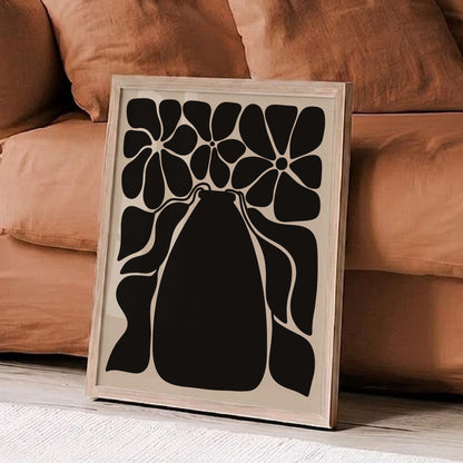 Blommande vas i svart, grafisk botanisk poster