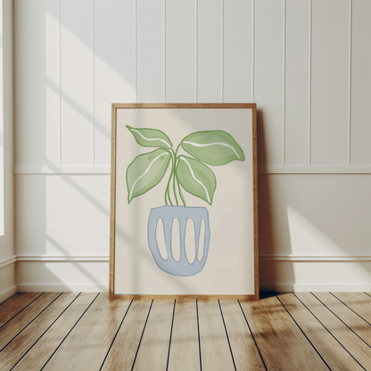 Botanisk Planta-poster på trägolv mot panelvägg