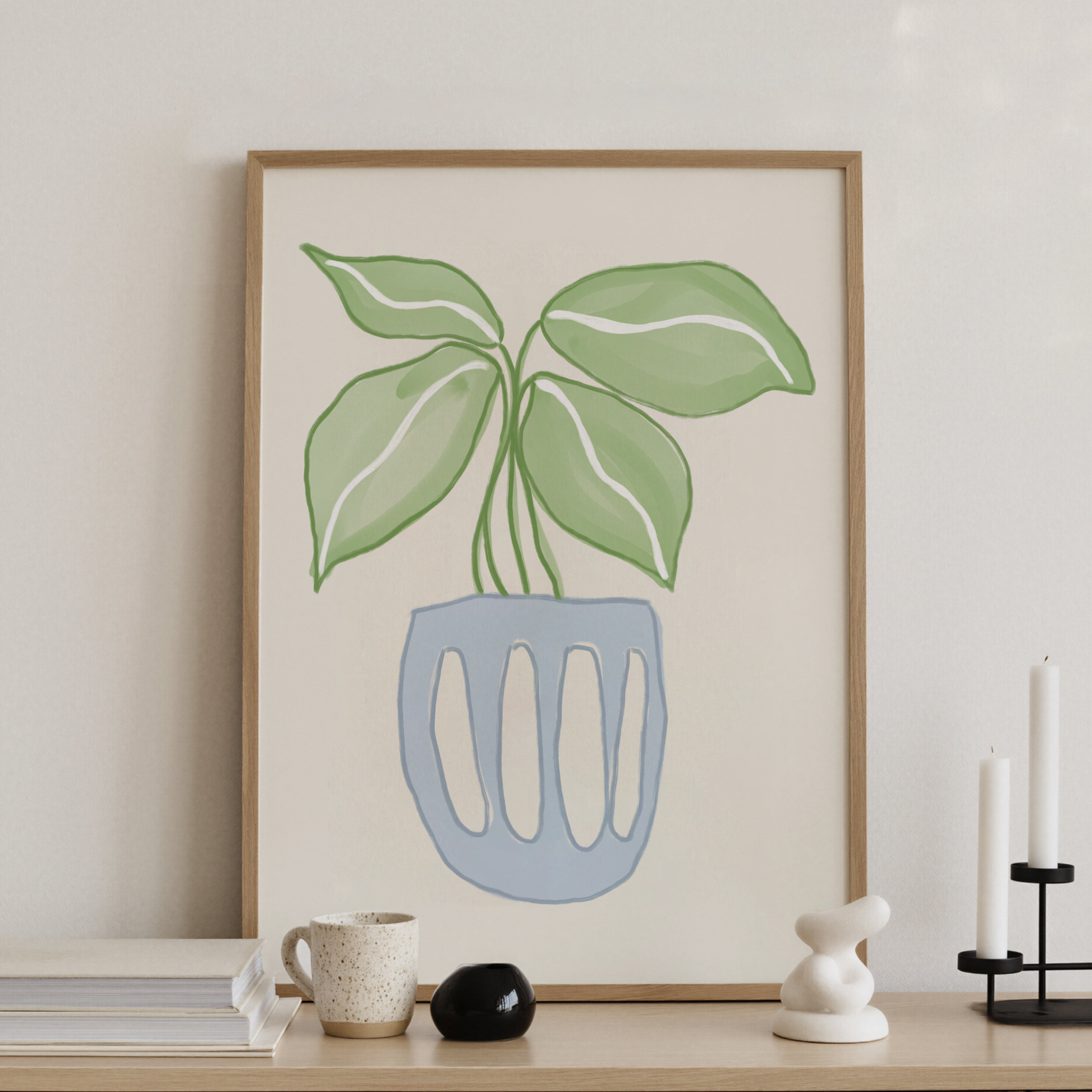 Botanisk Planta-poster på konsolbord med ljusstakar