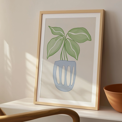 Botanisk Planta-poster på hallbord med böcker
