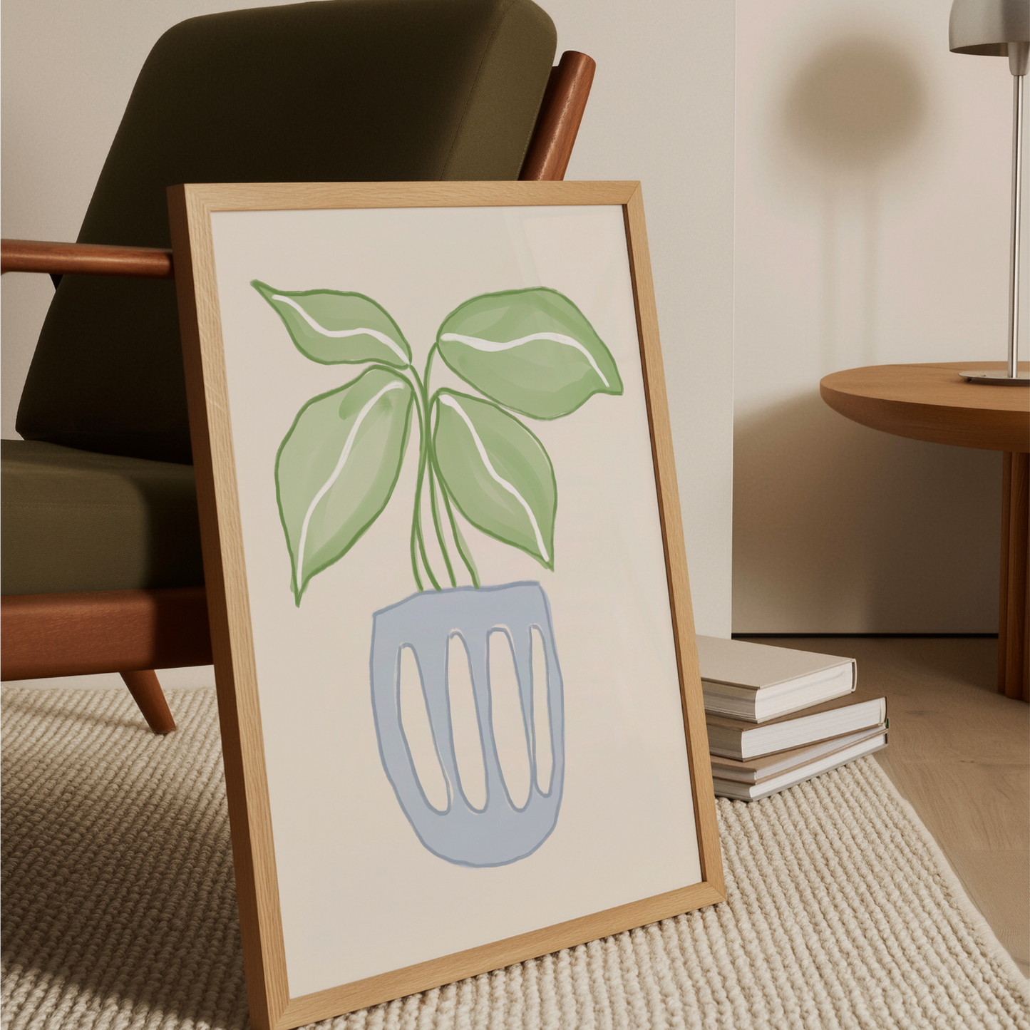 Botanisk Planta-poster i grönt vardagsrum vid fåtölj