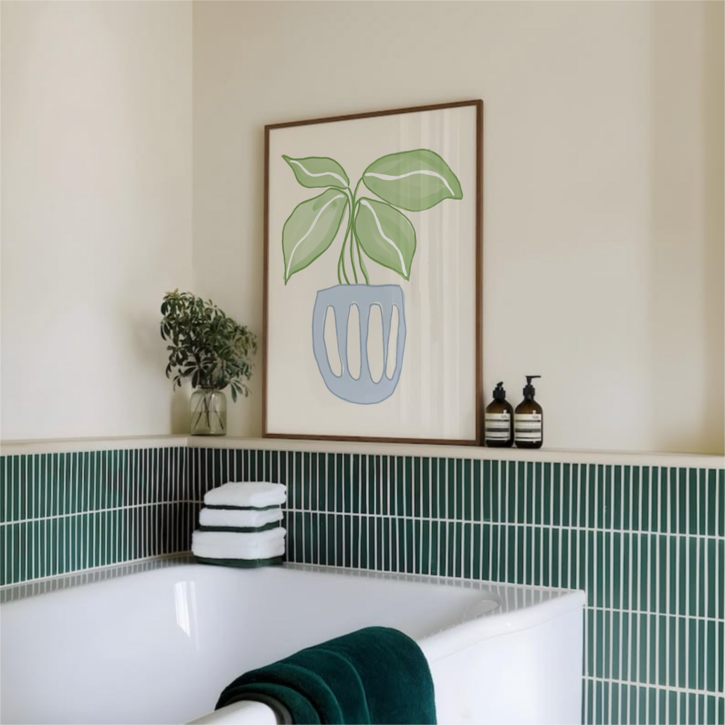 Botanisk Planta-poster i badrum med grönt kakel