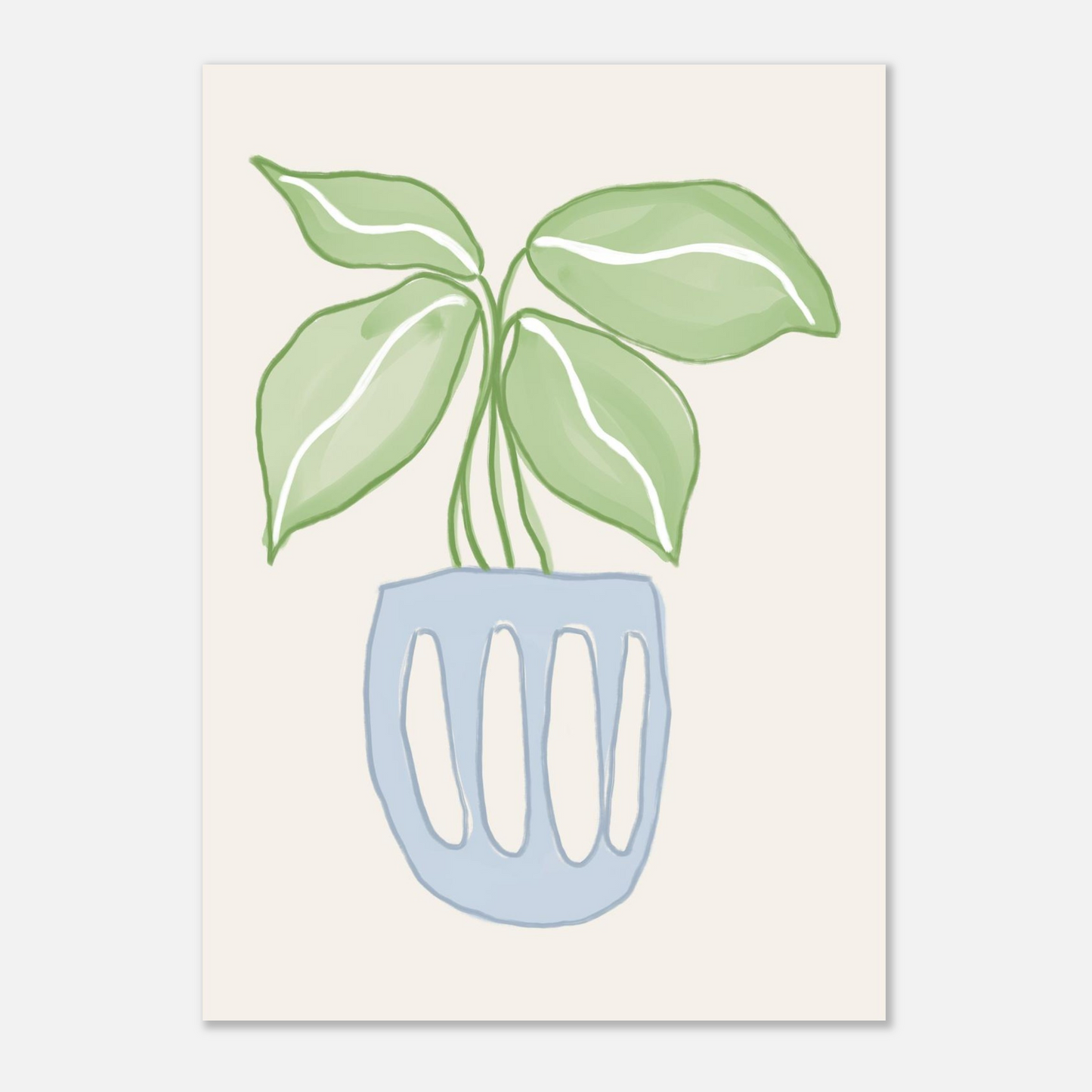 Illustration av kruksväxt i blå vas, närbild på krämvit botten