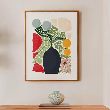 Färgglad poster med blommor och blad i en svart vas 