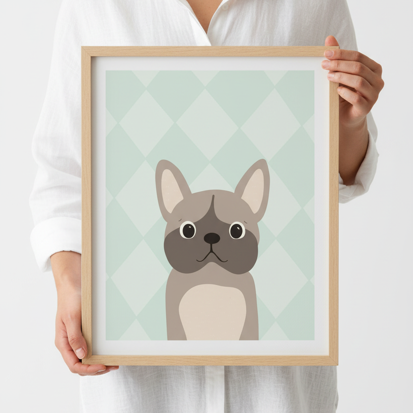 Person håller en inramad poster som föreställer en gullig bulldog 