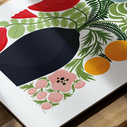 Närbild på en botanisk poster med blommor och gröna blad i grafisk stil 