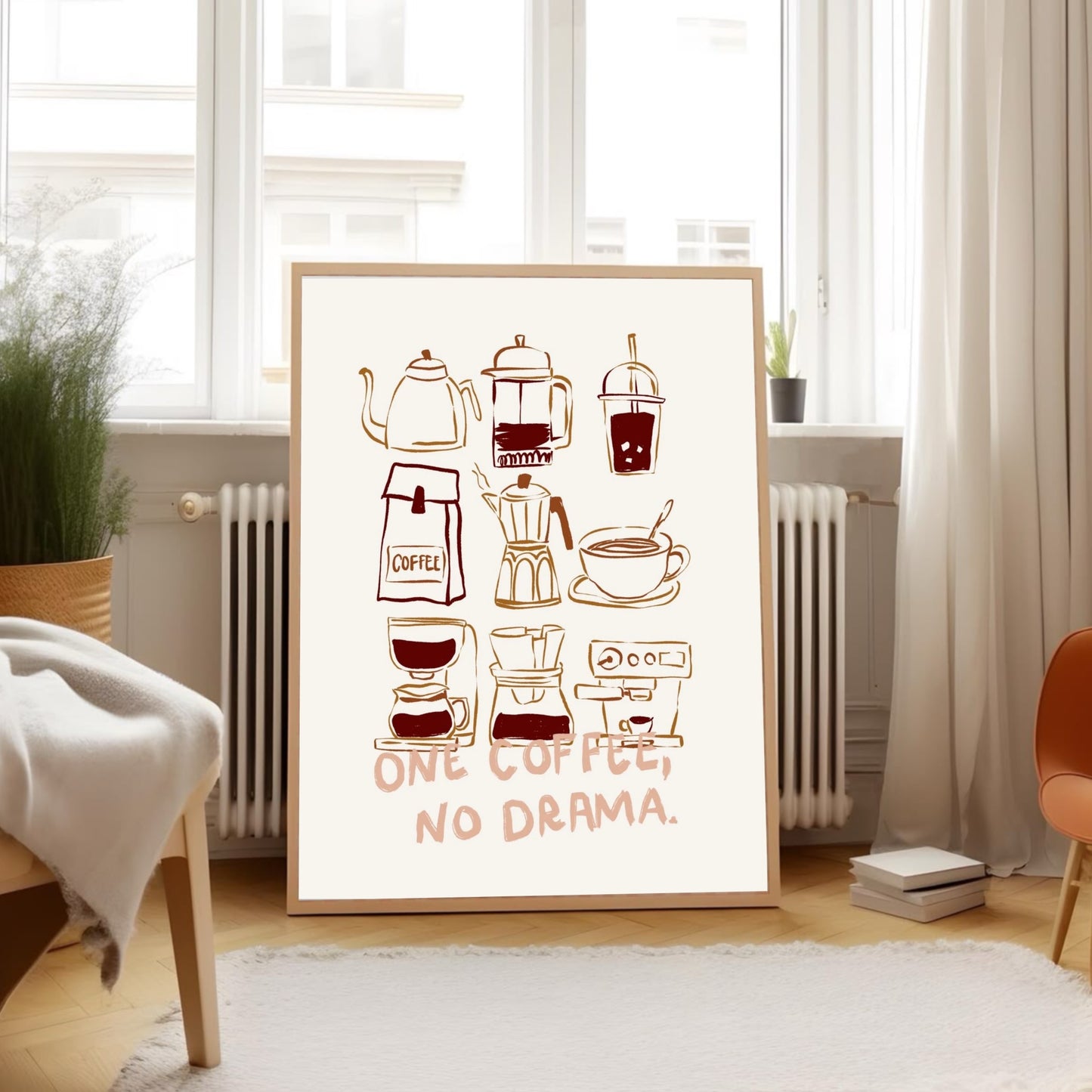 One Coffee No Drama kaffeposter på premium FSC-papper med kaffeverktyg