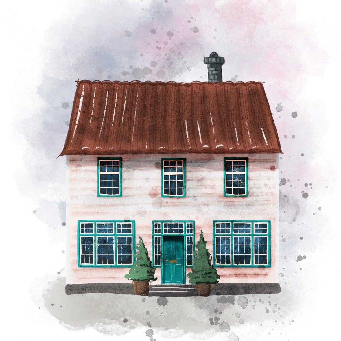 Konstnärlig hyllning till ett hem, skapad i en unik blandteknik av tusch och akvarell.