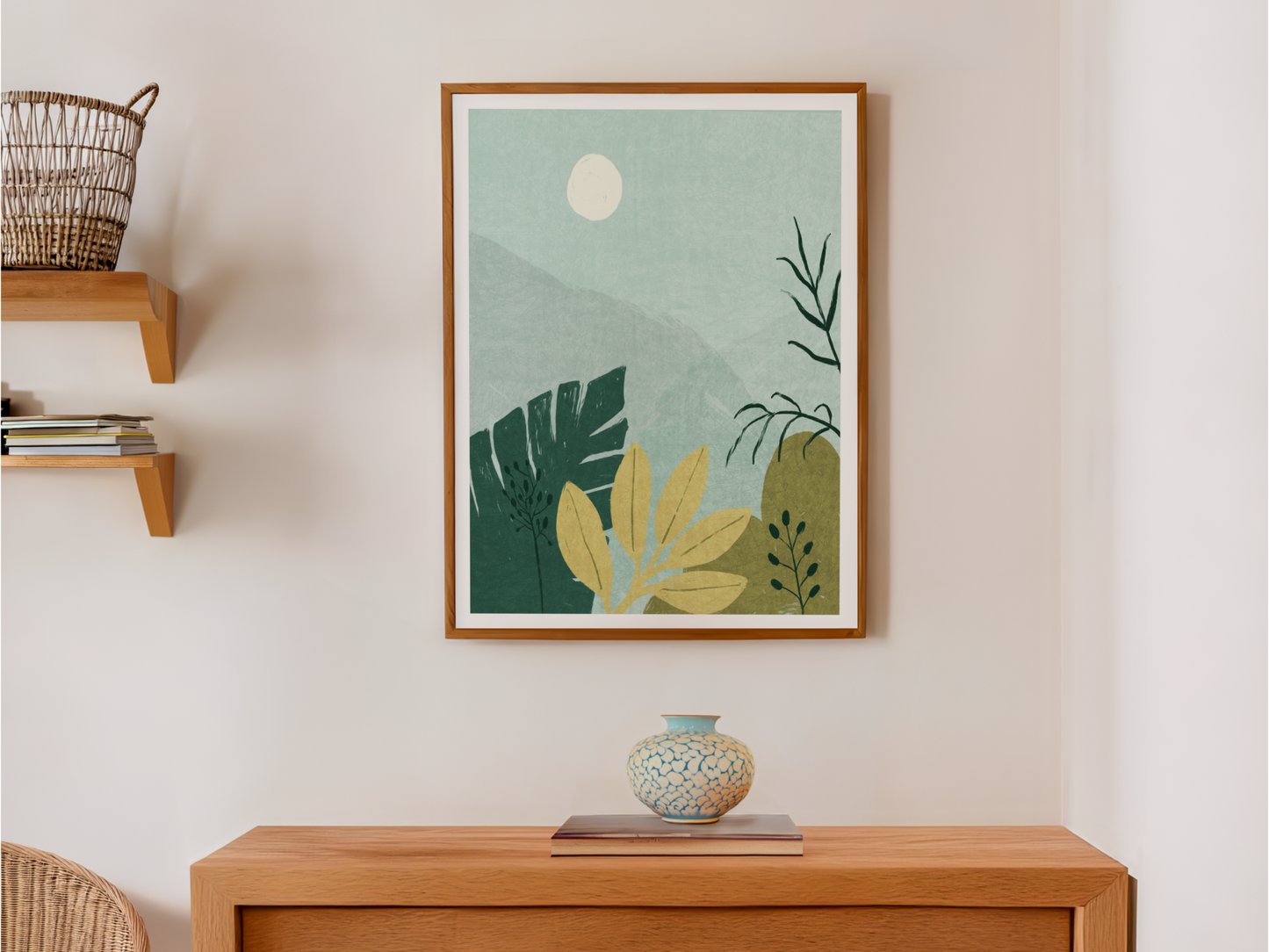 Modern Botanical Wall Art | Trendy Vintage Poster with Tropical Leaves and Mountains in Blue-Green Tones for Stylish Home Decor