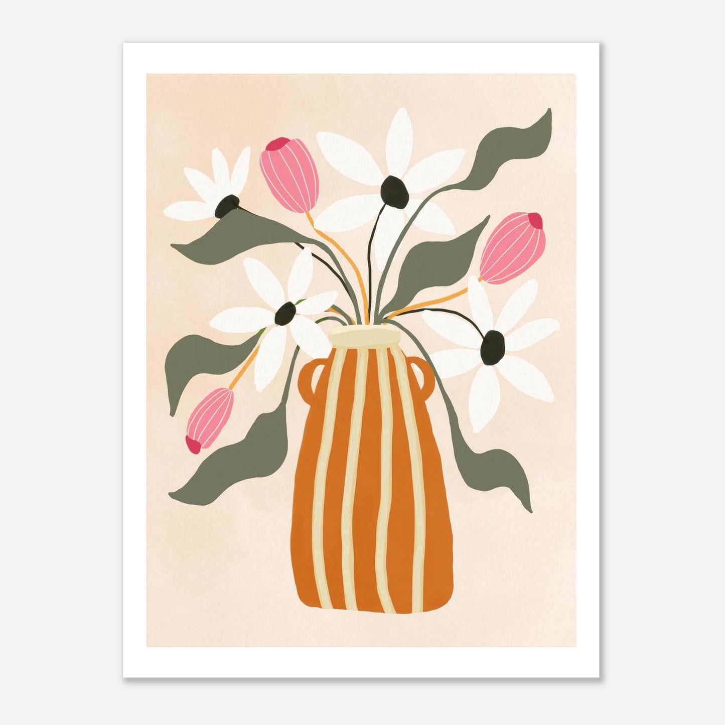Gouacheillustration av vas med blommor, närbild på ljus botten