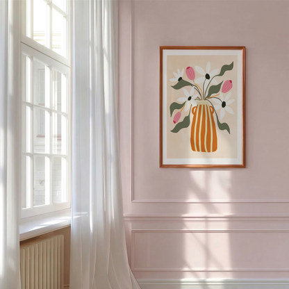 Gouacheposter med vas och blommor, upphängd på vägg vid fönster