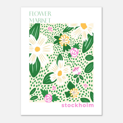 Grafisk blomsterillustration Flowermarket Stockholm, närbild på ljus botten