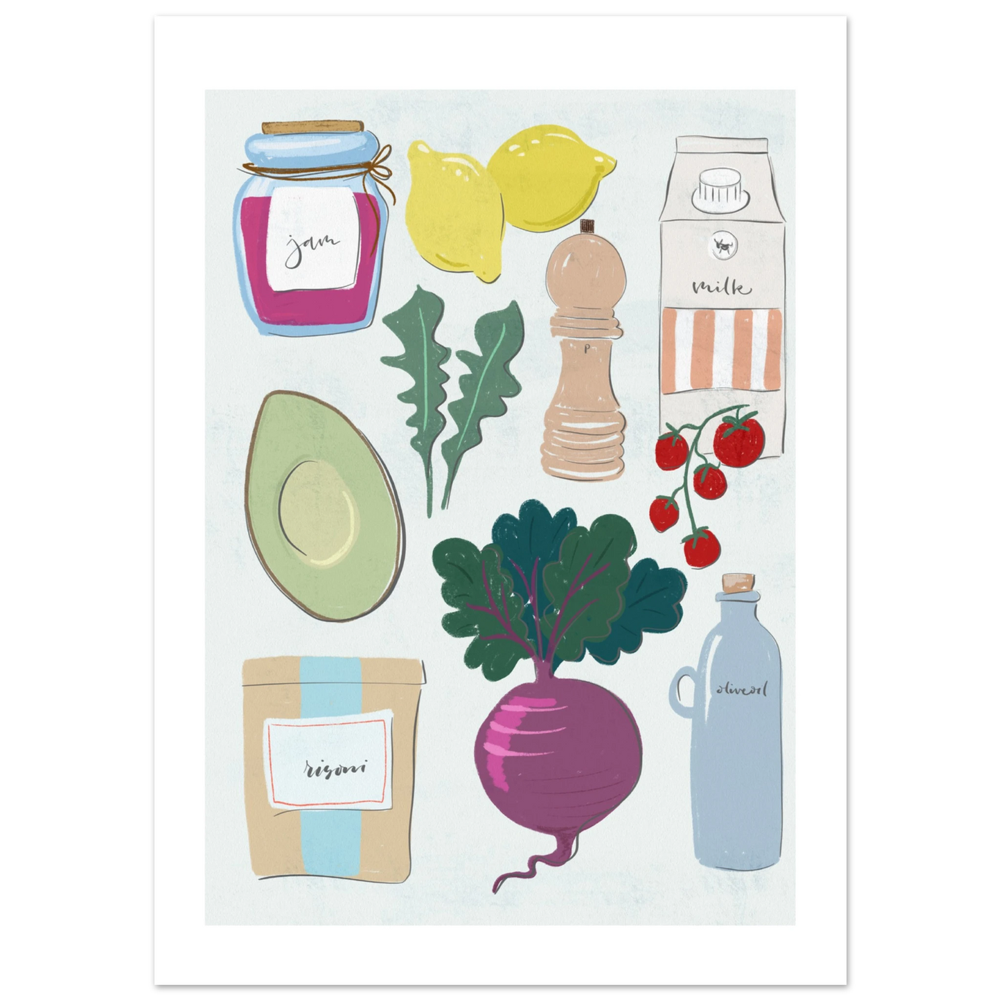 illustration med olika matvaror som citron, olivolja och risoni.