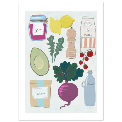 illustration med olika matvaror som citron, olivolja och risoni.