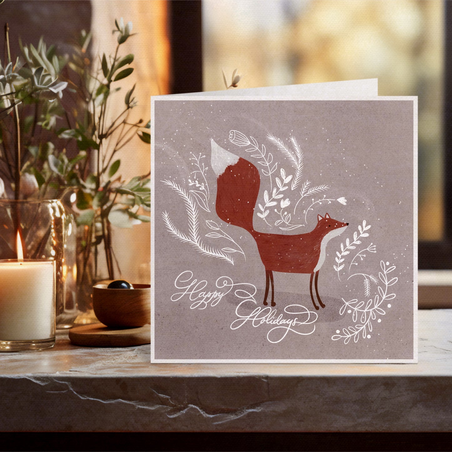 Winter Season Card Fox in Snow with Happy Holiday text