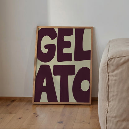 Gelato texttavla i aubergine, grafisk poster av Tove Malm