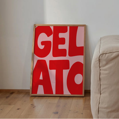 Gelato texttavla i rosa och rött, grafisk poster av Tove Malm