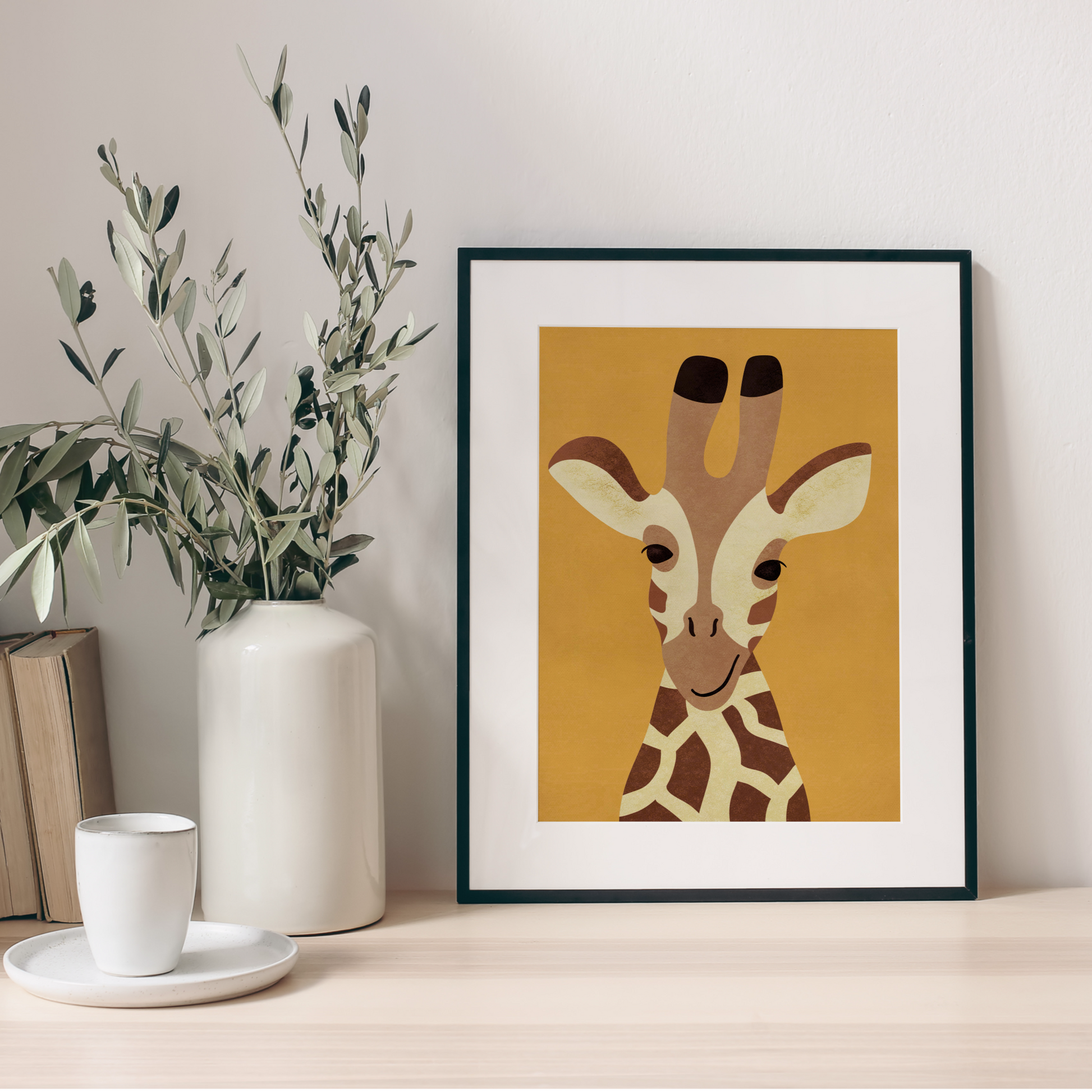 safari tema giraff, poster inramad i passepartout i en skandinavisk köksstil