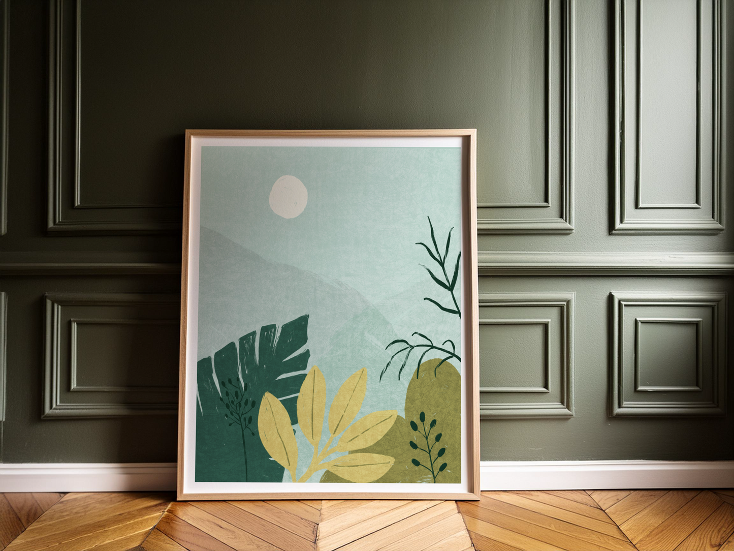 Modern Botanical Wall Art | Trendy Vintage Poster with Tropical Leaves and Mountains in Blue-Green Tones for Stylish Home Decor