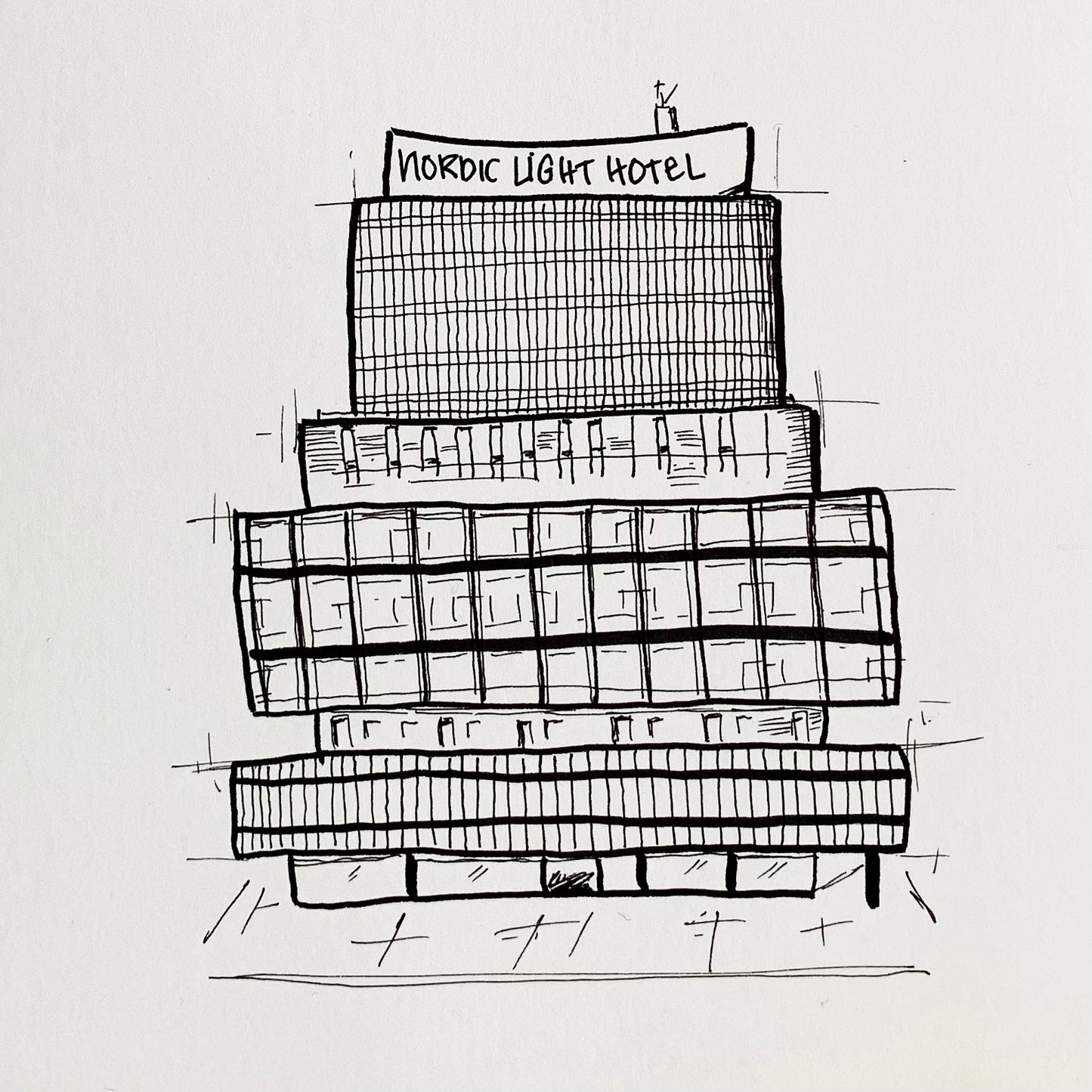 Konstnärligt fineliner teckning av husfasad 