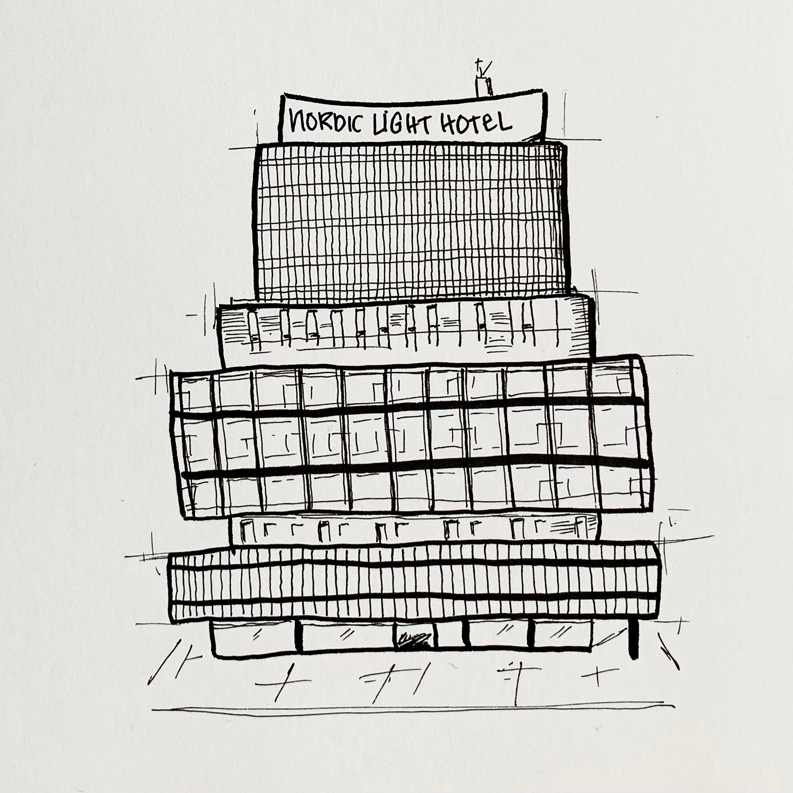 Konstnärligt fineliner teckning av husfasad 