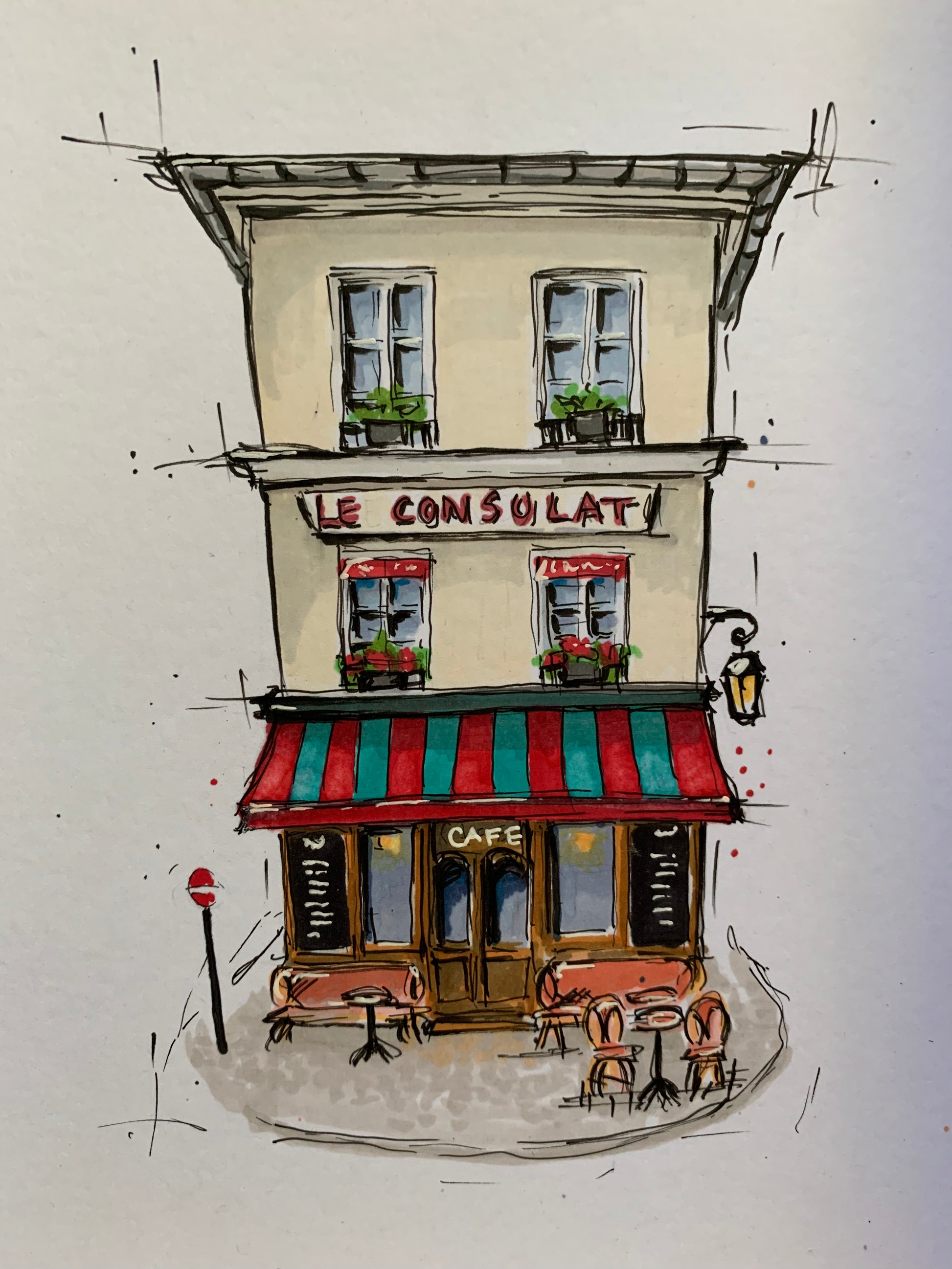 Konstnärlig hyllning till ett hem, skapad i en unik blandteknik av tusch och gouache.