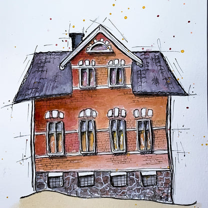 Rörande present till morföräldrar: en husillustration som förevigar deras livsverk vid ett jubileum.